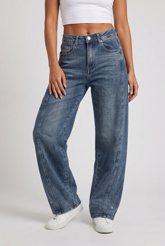 Stretchy Mid Waist Barrel Leg Jeans with Ankle Snap Buttons in Denim Blue