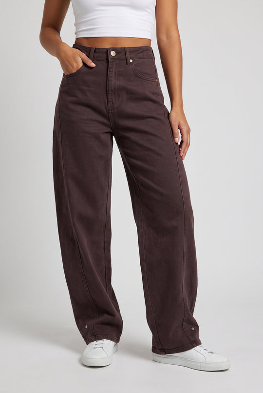 Stretchy Mid Waist Barrel Leg Jeans with Ankle Snap Buttons in Dark Chocolate