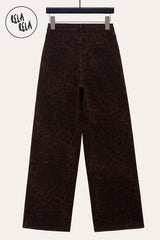 back view of Fashionable brown leopard print jeans for women, wide leg and stretchy