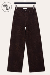 Brown leopard print viral stretchy wide leg jeans for women, high waist denim style