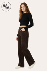 Side view of brown leopard print viral stretchy jeans for women