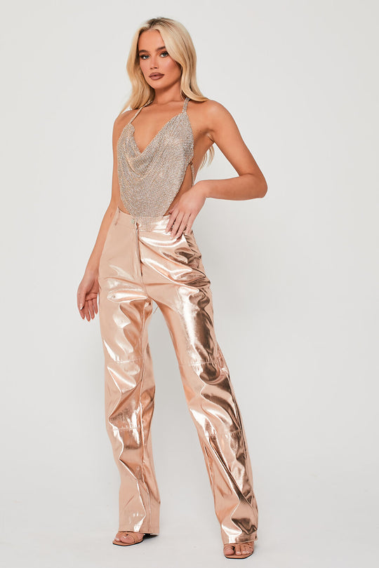 Metallic High Waisted Wide Leg Trousers in Gold
