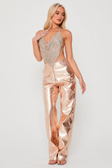 Metallic High Waisted Wide Leg Trousers in Gold front 2