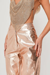 Metallic High Waisted Wide Leg Trousers in Gold detail