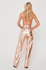 Metallic High Waisted Wide Leg Trousers in Gold back