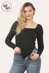 Premium Figure Hugging Fits Everybody Long Sleeve Square Neck Stretch Woven Double Layered Bodysuit in Black