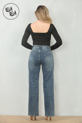 Premium Figure Hugging Fits Everybody Long Sleeve Square Neck Stretch Woven Double Layered Bodysuit in Black