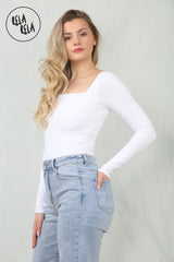 Premium Figure Hugging Fits Everybody Long Sleeve Square Neck Stretch Woven Double Layered Bodysuit in White