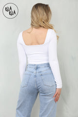 Premium Figure Hugging Fits Everybody Long Sleeve Square Neck Stretch Woven Double Layered Bodysuit in White