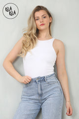 Premium Figure Hugging Fits Everybody Sleeveless High Neck Stretch Woven Double Layered Bodysuit in White