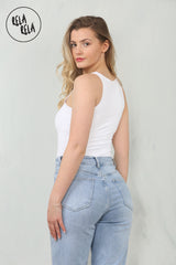 Premium Figure Hugging Fits Everybody Sleeveless High Neck Stretch Woven Double Layered Bodysuit in White