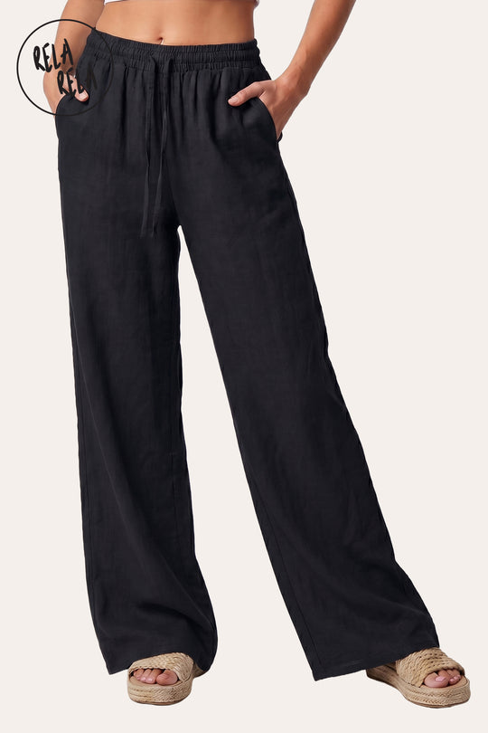 High Waisted Drawstring Wide Leg Linen Trousers in Black