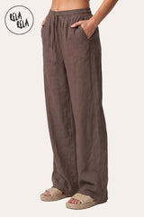 Side profile of the Brown wide-leg trousers, showcasing the flattering 30-inch leg length and the clean, structured silhouette of the linen fabric.