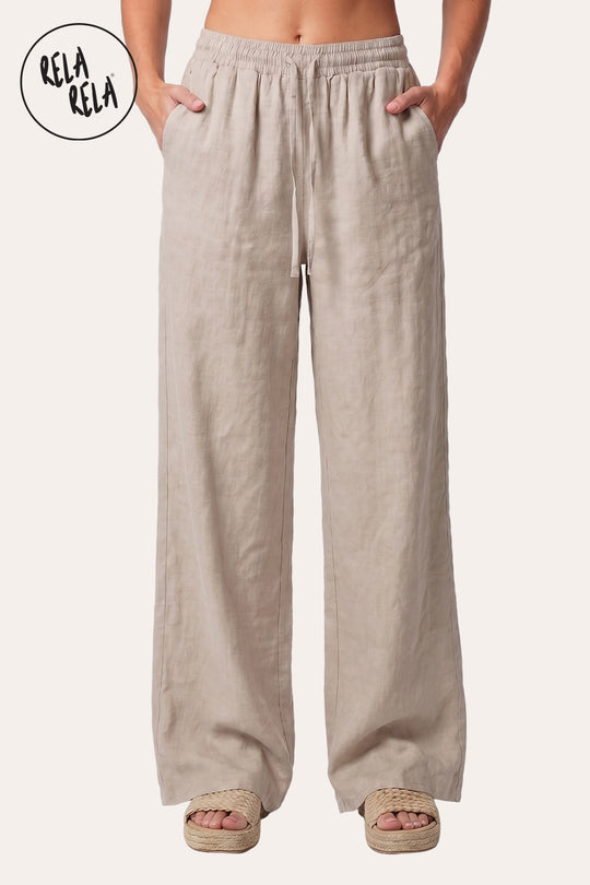 High Waisted Drawstring Wide Leg Linen Trousers in Cream