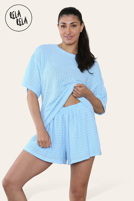 Oversized Crochet T-Shirt & Shorts Co-Ord Set in Baby Blue