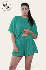 Emerald green crochet co-ord set with oversized top and matching shorts