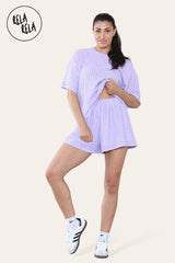 Lilac crochet co-ord set with oversized top and matching shorts