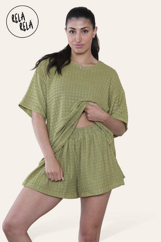 Oversized Crochet T-Shirt & Shorts Co-Ord Set in Olive Green