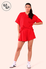 Comfortable red top shorts co ord with stretchy shorts for women