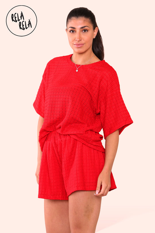 Oversized Crochet T-Shirt & Shorts Co-Ord Set in Red