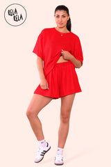Fashionable red crochet co ord set with matching top and shorts
