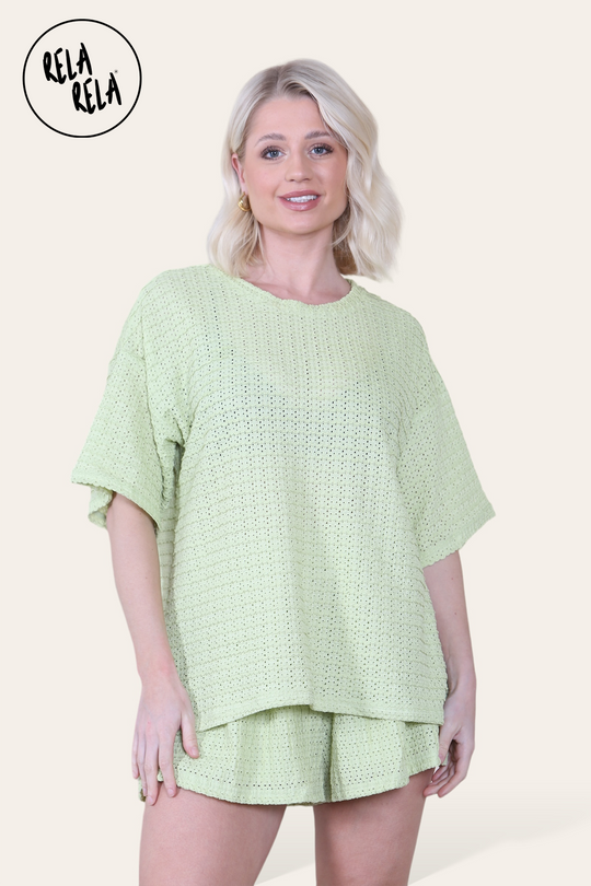 Oversized Crochet T-Shirt & Shorts Co-Ord Set in Green