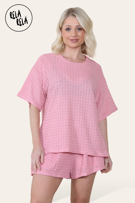 Oversized Crochet T-Shirt & Shorts Co-Ord Set in Pink