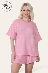 Pink crochet co-ord set with oversized T-shirt and matching shorts