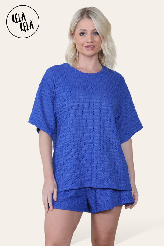Oversized Crochet T-Shirt & Shorts Co-Ord Set in Royal Blue