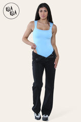 Premium Slinky Double Layered Square Neck Brazilian Bodysuit in Baby Blue all