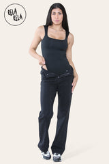Premium Slinky Double Layered Square Neck Brazilian Bodysuit in Black full