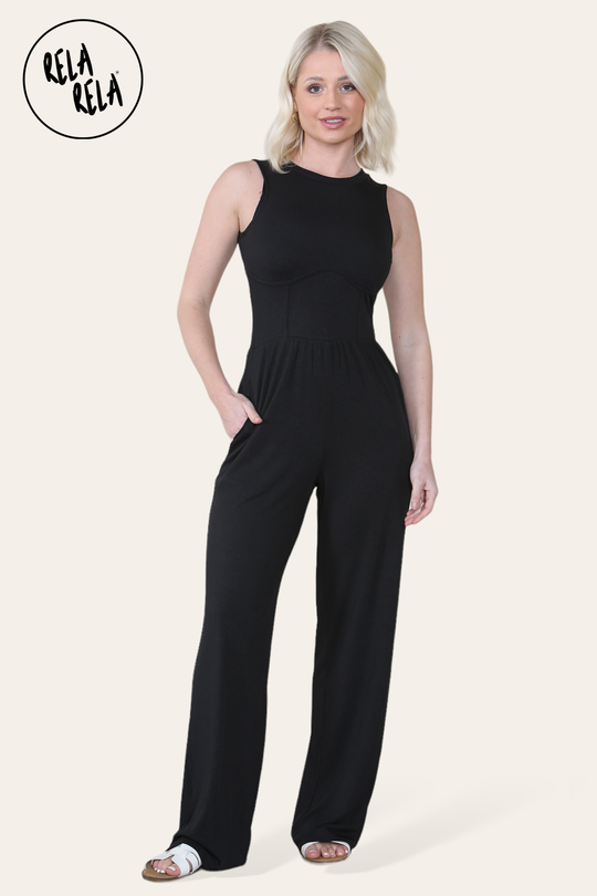 Solid Ribbed High Neck Wide Leg Sleeveless Jumpsuit in Black