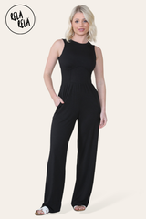 Solid Ribbed High Neck Wide Leg Sleeveless Jumpsuit in Black front 1
