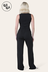 Solid Ribbed High Neck Wide Leg Sleeveless Jumpsuit in Black back