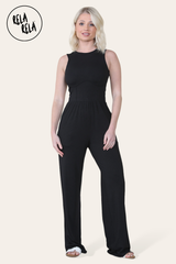 Solid Ribbed High Neck Wide Leg Sleeveless Jumpsuit in Black front 2