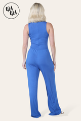 Solid Ribbed High Neck Wide Leg Sleeveless Jumpsuit in Royal Blue back