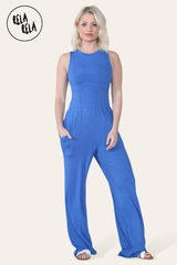 Solid Ribbed High Neck Wide Leg Sleeveless Jumpsuit in Royal Blue front 2