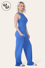 Solid Ribbed High Neck Wide Leg Sleeveless Jumpsuit in Royal Blue side