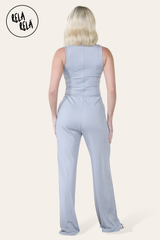 Solid Ribbed High Neck Wide Leg Sleeveless Jumpsuit in Grey back