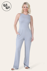 Solid Ribbed High Neck Wide Leg Sleeveless Jumpsuit in Grey front