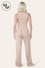 Solid Ribbed High Neck Wide Leg Sleeveless Jumpsuit in Camel back