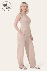Solid Ribbed High Neck Wide Leg Sleeveless Jumpsuit in Camel side