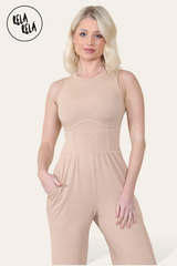 Solid Ribbed High Neck Wide Leg Sleeveless Jumpsuit in Camel front 2