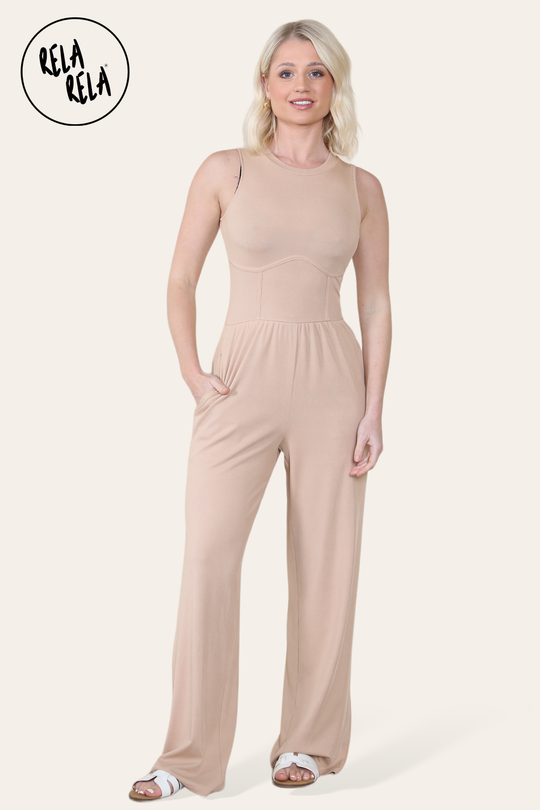 Solid Ribbed High Neck Wide Leg Sleeveless Jumpsuit in Camel