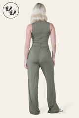 Solid Ribbed High Neck Wide Leg Sleeveless Jumpsuit in Khaki back