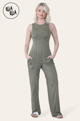 Solid Ribbed High Neck Wide Leg Sleeveless Jumpsuit in Khaki front 2