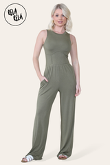 Solid Ribbed High Neck Wide Leg Sleeveless Jumpsuit in Khaki front
