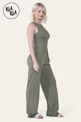 Solid Ribbed High Neck Wide Leg Sleeveless Jumpsuit in Khaki side