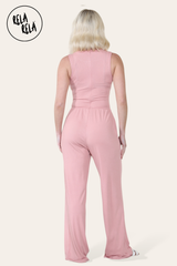 Solid Ribbed High Neck Wide Leg Sleeveless Jumpsuit in Rose Pink back