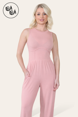 Solid Ribbed High Neck Wide Leg Sleeveless Jumpsuit in Rose Pink detail